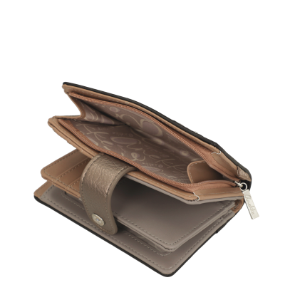 Carteira bege e castanha com fecho de botão e fecho de correr, interior padrão tecido