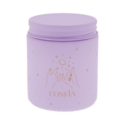 Frasco lilás com ilustração dourada de mãos entrelaçadas e palavra CONFIA