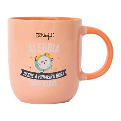 Caneca cor de salmão com texto e ilustração de relógio sorridente