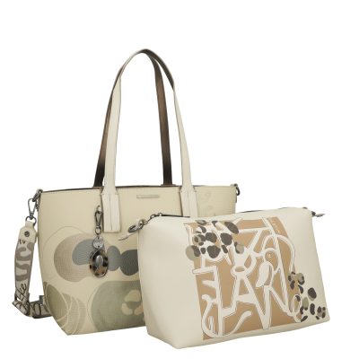 Conjunto de duas malas creme e bege com padrões abstratos e alças.