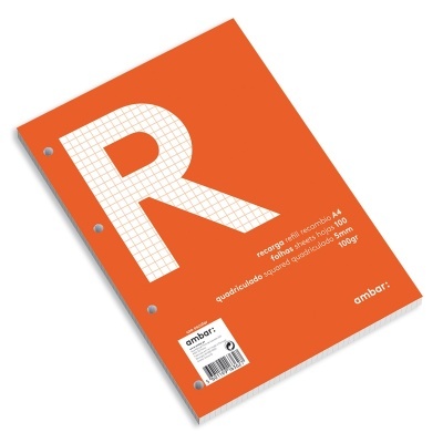 Caderno de recarga A4 com capa laranja e grande letra R quadrículada.