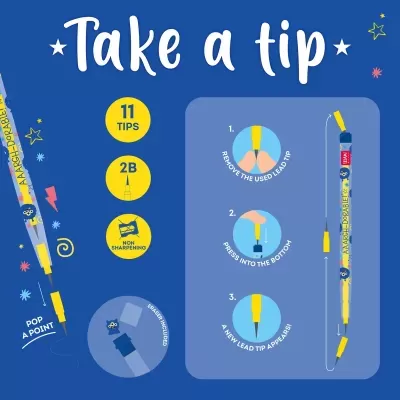 Ferramenta escolar amarela KALEIDOSCOPE 2B com instruções de uso sobre fundo azul