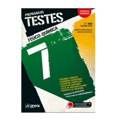 Capa de livro Preparar os Testes Físico-Química 7.º ano com fundo preto, verde e amarelo