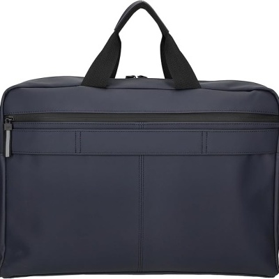 Mala azul escuro tipo pasta com alças pretas e zíper frontal