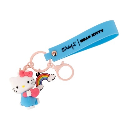 Porta-chaves Hello Kitty azul com pendentes de borracha e texto