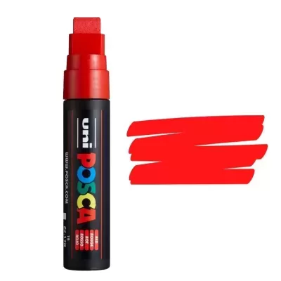 Marcador uni POSCA vermelho com ponta quadrada e traço ao lado