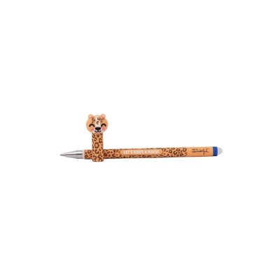 Caneta com padrão animal print e tampa com cabeça de animal sorridente