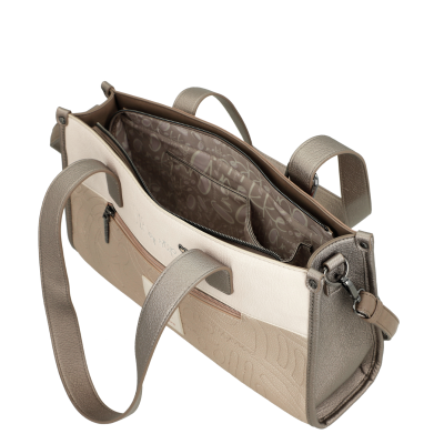 Mala de senhora bege e creme vista de cima aberta com alças largas e bolso exterior com fecho