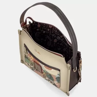 Bolsa de mão bege e castanha com bolso floral e alça larga castanha
