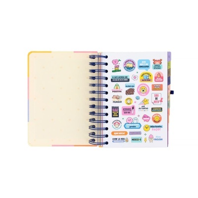 Caderno aberto com autocolantes coloridos e texto em português