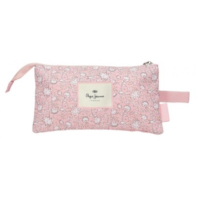 Estojo rosa com padrão floral e etiqueta Pepe Jeans