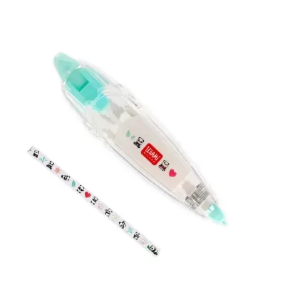 Corretor líquido transparente com tampa azul e fita decorativa colorida