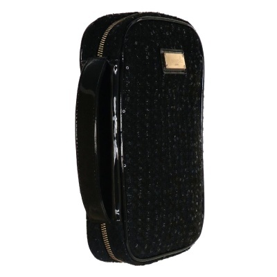 Estojo preto para óculos com fecho dourado e alça lateral