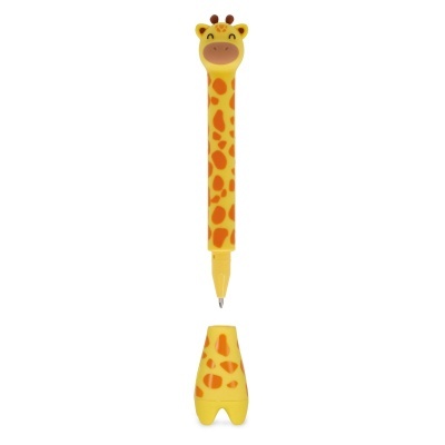 Caneta amarela e laranja com design de girafa e tampa removível.