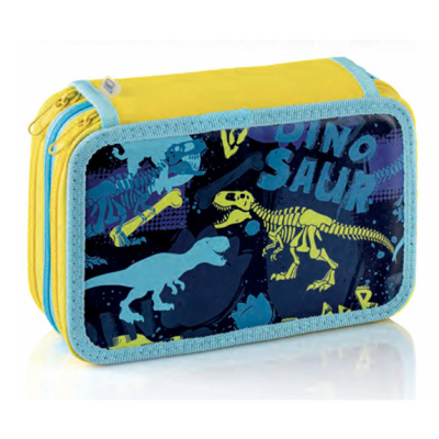 Estojo escolar amarelo com detalhes azuis e desenhos de esqueletos de dinossauros