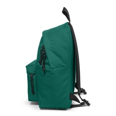 Mochila verde com bolso frontal, puxadores pretos, alças pretas
