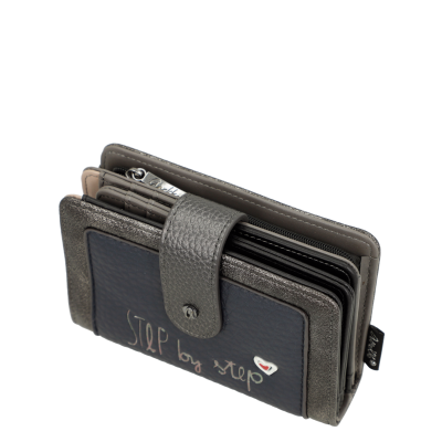 Carteira cinza e azul escuro com fecho e escrita decorativa