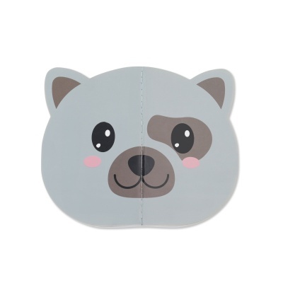 Livro infantil capa dura em forma de cão cinzento sorridente