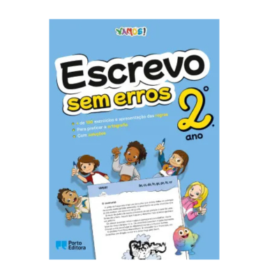Capa de livro educativo azul Escrevo sem erros 2.º ano com ilustrações de crianças e pássaro