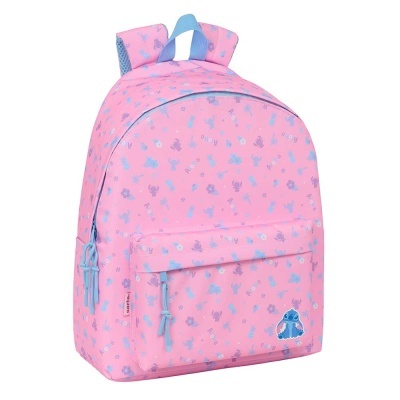 Mochila rosa com padrão azul e lilás, fechos azuis e personagem azul no bolso frontal.