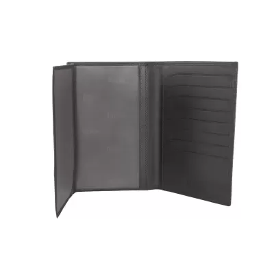 Carteira preta de couro com compartimentos para cartões e notas