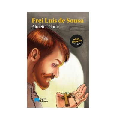 Capa do livro Frei Luís de Sousa de Almeida Garrett com ilustração de homem a olhar para terço