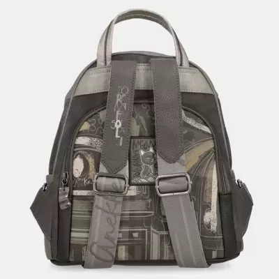 Mochila pequena cinzenta com estampas de gato e alças ajustáveis
