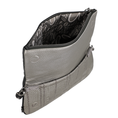 Bolsa pequena cinzenta com fecho e interior estampado