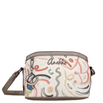 Mala de ombro Anekke bege com padrões coloridos abstratos e pendente metálico
