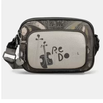 Mala tiracolo Anekke com bolso frontal bege e decoração musical