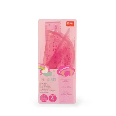 Conjunto de 4 réguas cor rosa flexíveis em embalagem rosa com unicórnio