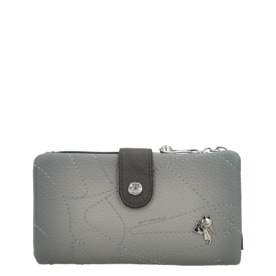 Carteira cinzenta em pele com padrão de linhas em costura e fecho com tira e botão prateado