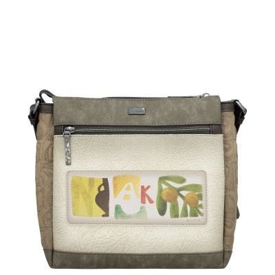 Mala tiracolo bege e castanha com estampado colorido e textura de pele