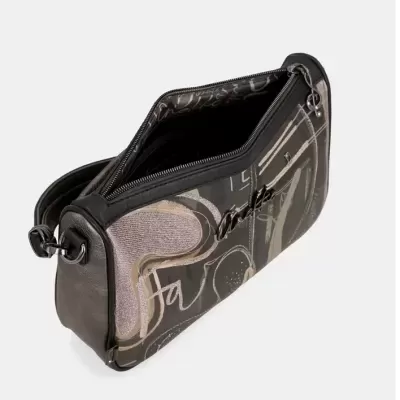 Mala tiracolo rectangular preto e bege com padrão abstrato e fecho de correr
