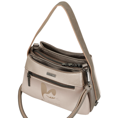 Mala de senhora bege e castanha tipo saco com duas pegas e fecho de correr