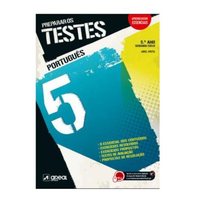 Capa de livro escolar azul, amarelo e branco com texto sobre preparação de testes de Português 5º ano