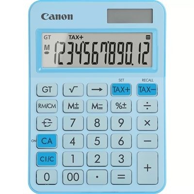 Calculadora Canon azul clara com visor digital e teclas brancas e azuis