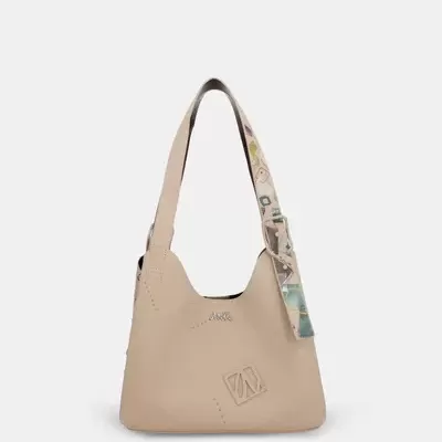 Mala bege de couro com alça decorada colorida