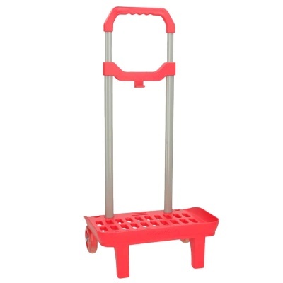 Carrinho de transporte vermelho com estrutura metálica e rodas