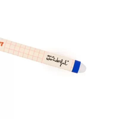 Lápis bege com padrão de grade e ponteira azul, com etiqueta mr. wonderful*.