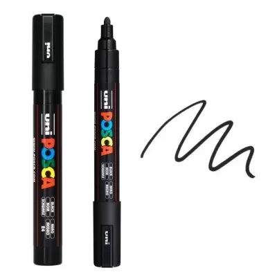 Marcadores Uni Posca preto com corpo preto e letras coloridas, um com tampa outro sem e traço em linha preta