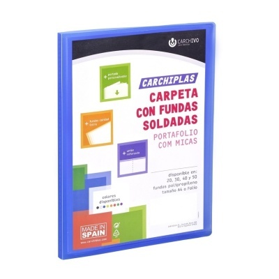 Carpeta azul de plástico com embalagem em papel com texto CARCHIPLAS CARPETA CON FUNDAS SOLDADAS