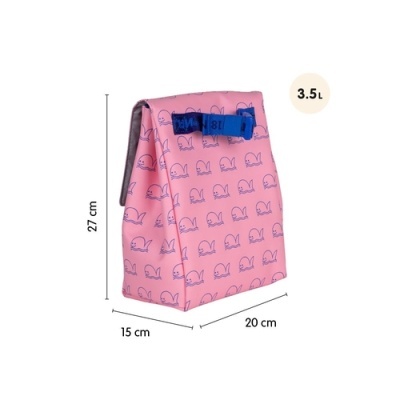 Saco térmico rosa com padrão de baleias azuis e alça azul