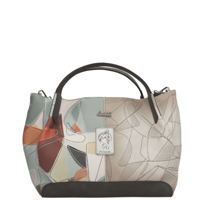 Mala de mão colorida com padrão abstrato e alças pretas