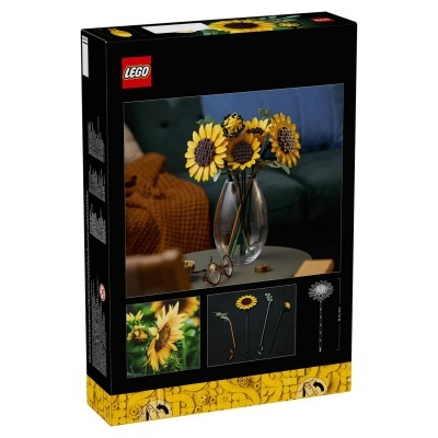Embalagem LEGO com girassóis amarelos de peças LEGO numa jarra sobre mesa