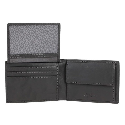 Carteira masculina em couro preto com vários compartimentos abertos