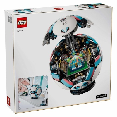 Caixa de conjunto LEGO 43019 com esfera colorida e estádio interior