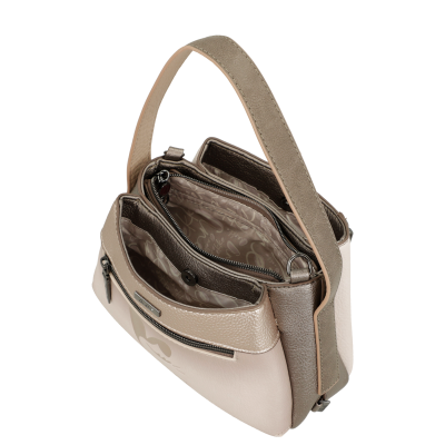 Mala de mão bege e castanha com alça e várias divisórias