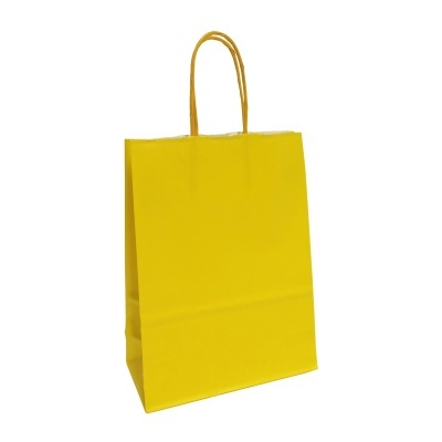 Saco de papel amarelo com alças finas retorcidas