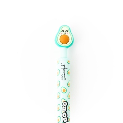 Caneta azul clara com padrão e topo de abacate sorridente